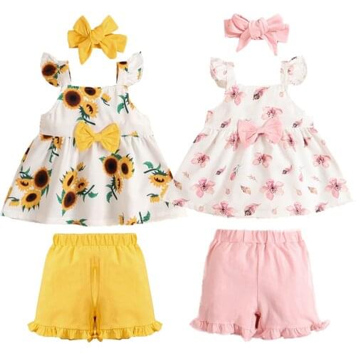 2021 Summer Girls Children Clothing Sets 2 Piece Sunflower Top + Shorts Baby Girl Fashion Clothing 1-4 Years