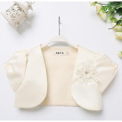 Summer Girls Short Sleeve Beige Flower Pearls Beaded boleros Satin Cotton jacket Matching Party wraps For 6 8 10 12 14 Years