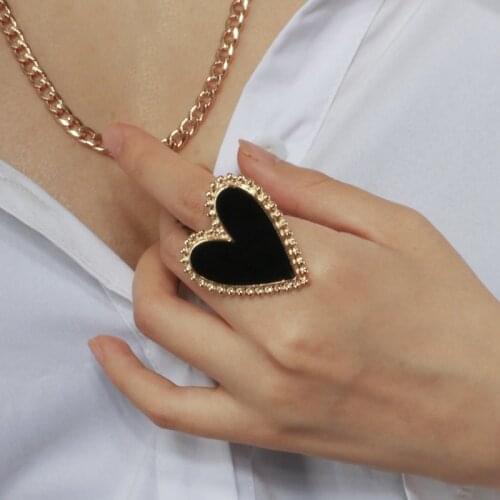 Lifefontier Vintage Red Black Enamel Love Heart Shaped Rings for Women Adjustable Gold Color Metal Rings Party Jewelry Gift