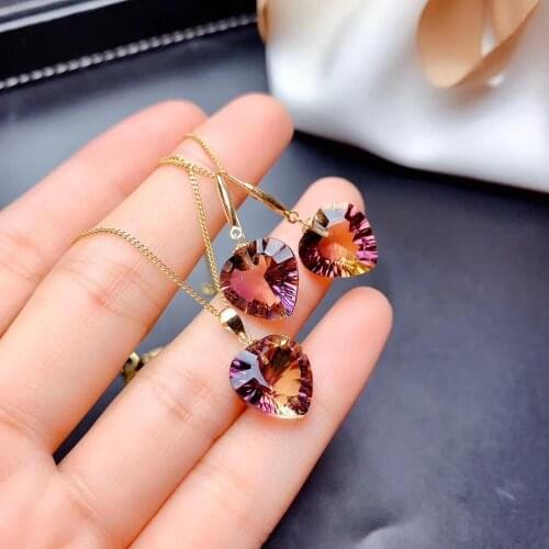 Fashion romantic heart 18k yellow gold natural amethyst pendant earring earrings natural gemstone jewelry lover gift set jewelry