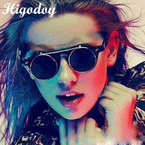 Higodoy Fashion Vintage Round Women Sunglasses Retro Steampunk Flip Sun Glasses Designer Sunglasses Women 2019 High Quality