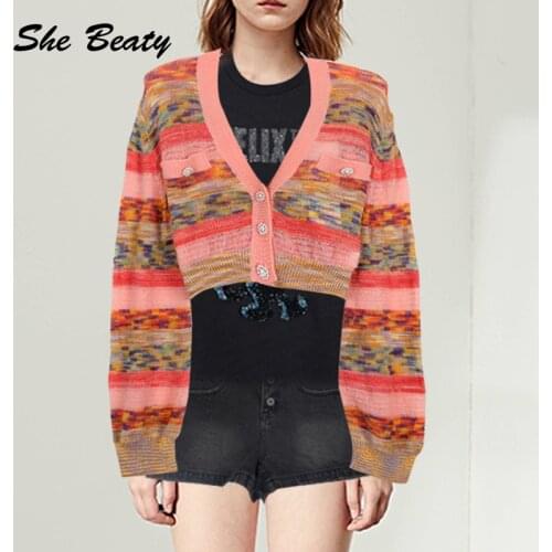 Korean Fashion Knitted Cardigans Women Clothes Vintage Rainbow Striped V-Neck Long Sleeve Streetwear Casual Goth Tops Haut Femme