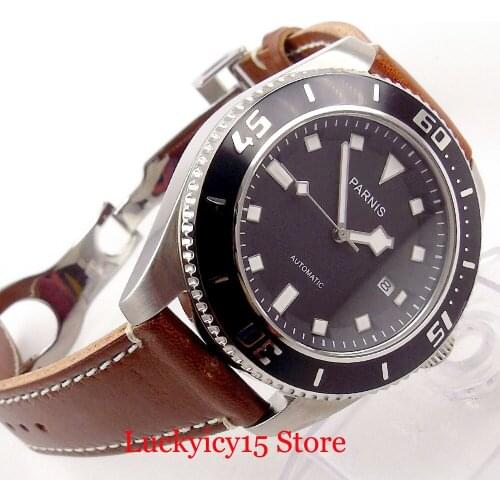 PARNIS Top Quality 43mm Self Winding Men Wristwatch Sapphire Glass Deployment Clasp Automatic Movement