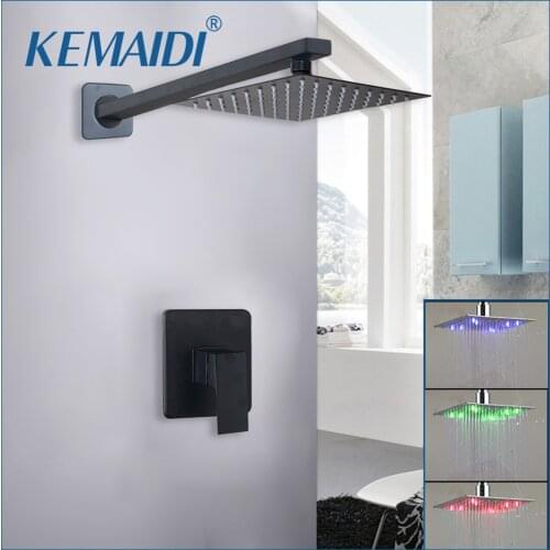 KEMAIDI Black Matte Bathroom Square Shower Head Wall Mount Solid Brass Rainfall Hand Shower Faucets Set 8 10 12 16 inch