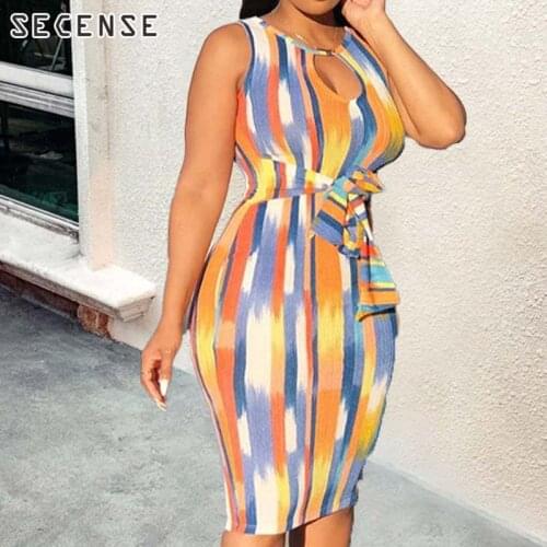 Colorful Striped Printed Canvas Dresses Sexy Holow Out O Neck Sleeveless Bandage Bodycon Midi Dress For Female 2021 Party Club