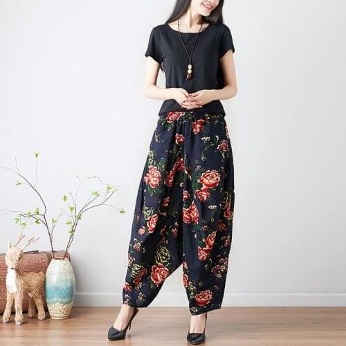 Chinese Style Ethnic Baggy Harem Pants Boho Chic Print Wide Leg Pants Oversized Joggers Big Size Loose Cotton Linen Pants 12000