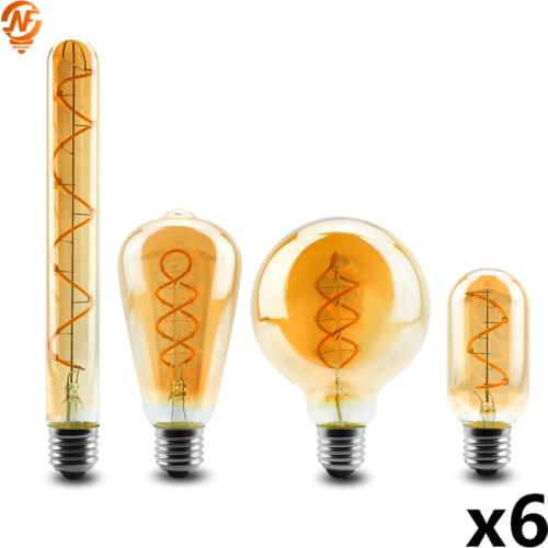 6pcs/lot E14 E27 Retro LED Spiral Filament Light Bulb 4W Warm Yellow 220V C35 A60 T45 ST64 T185 T225 G80 G95 Vintage Edison Lamp