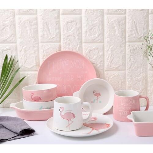 Flamingo Plate Creative Ceramic Tableware Set Steak West Tablets Double-ear Baked Rice Bowl Breakfast Cup dessert plate