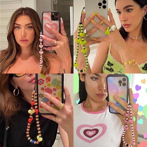 Boho Colorful Acrylic Beads Heart Mobile Phone Chain Cellphone Charm Phone Strap Anti-lost Lanyard For Women Summer Accessories