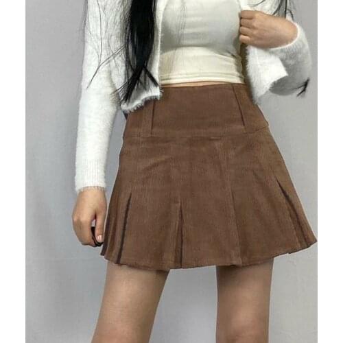 Brown Vintage Corduroy Pleated Skirts Womens 90s Y2K Aesthetic School Girl Mini Skirt High Waist Cute Kawaii Clothes