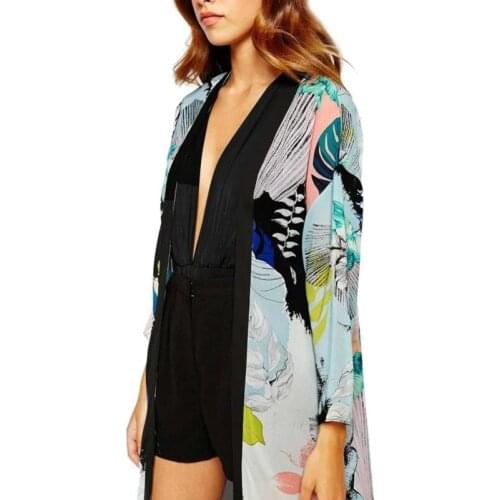 Women Boho Printed Chiffon Shawl Long Kimono Cardigan Tops Cover up Beachwear Swimwear Summer Dress Cover Ups