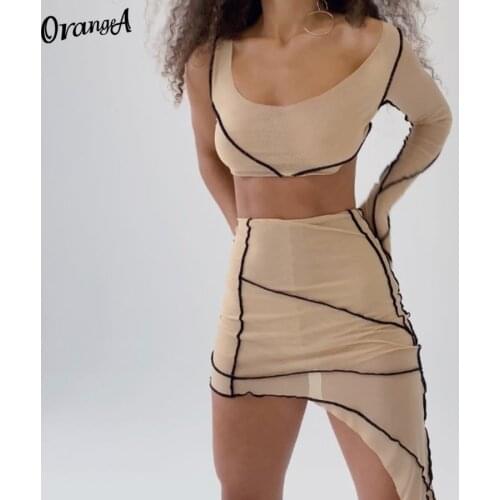 OrangeA women one shoulder sexy mesh two piece outfits striped asymmetry crop tops skirt matching set fashion skinny clubwear