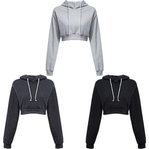 Ladies Solid Slim Crop 2021 Sweatshirts Autumn Hooded Long Sleeve Hooded Pullovers Women Casual Drawstring Hoodie Pullovers