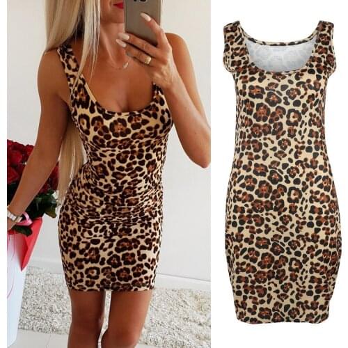 Women O-neck Spaghetti Strap Animal Print Ruched Cami Dress Bodycon Sexy Party Pencil Dress