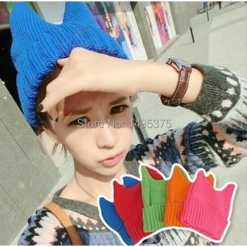 120pcs/lot Lovely Cat Ear Style Knitted Hat Soft Warm Winter Elastic Acrylic Blended Beanie Candy Color