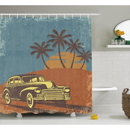 Cars Shower Curtain Vintage Car on The Beach with Palm Trees at Sunset Grunge Display Waterproof Polyester Bath Curtains