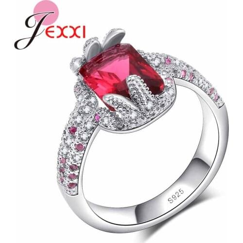 Shiny Flower Wedding Red Square Zirconia Crystal 925 Sterling Silver Emgagement Jewelry wholesale Simple Love Finger Rings