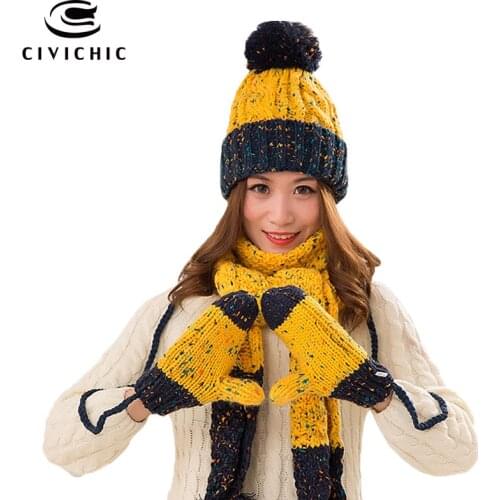 CIVICHIC Woman Warm Set Knit Hat Scarf Glove Female Winter Pompon Beanies Thick Headwear Color Mix Shawl Handmade Mittens SH168