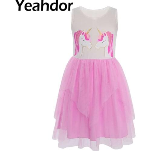 Kids Girls Summer Dresses Casual Wear Breathable Mesh Round Neck Sleeveless Cartoon Print Mesh Tutu Dress Children Streetwear