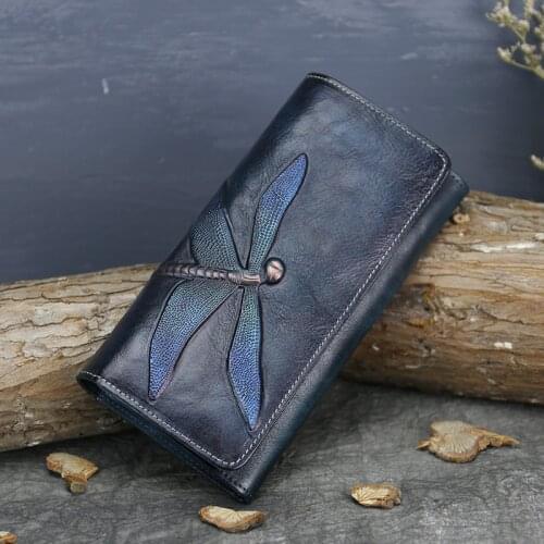 Natural Skin Money Long Wallets Multi-Cards Cash Holder Dragonfly Pattern High Quality Genuine Leather Women Clutch Purse