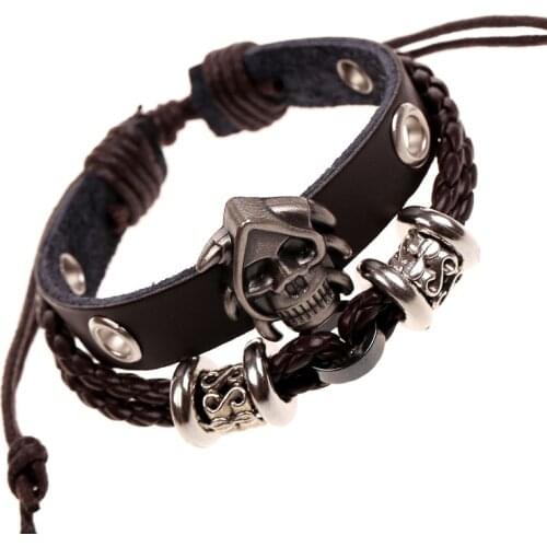 Double skull Leather Bracelets Men Stainless Steel Multilayer Braided Rope Bracelets Necromancer Bracelets Jewelry Accessories