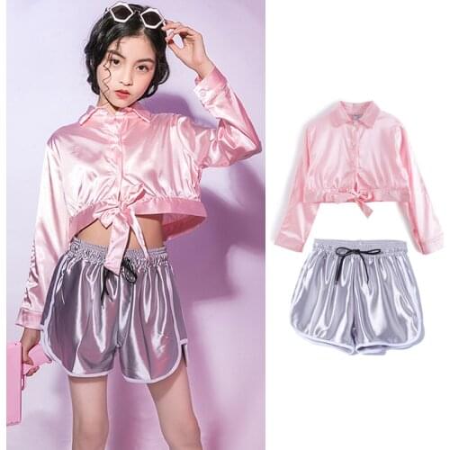 Jazz Dancewear Girls Set Festival Clothing Cheerleader Uniform Hip Hop Dancer Outfit Performance Costume Silver Shorts JL2908