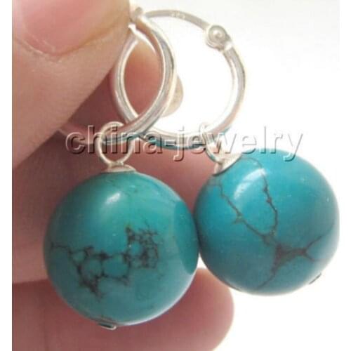 Hot Sell hot sale Beautiful 14mm natural round turquoises earring - 925 silver hoop