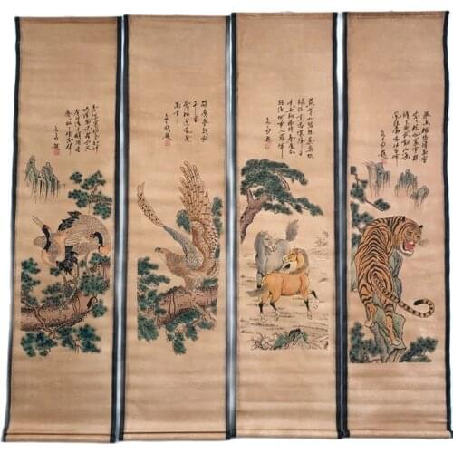 China Old Scroll Painting Four Screen Paintings Middle Hall Hanging Painting