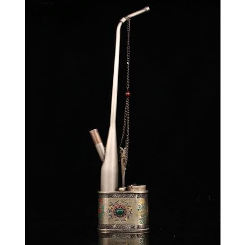 Collection of old pure copper, all copper, hand-made inlaid gem hookah bag, old-fashioned cigarette holder