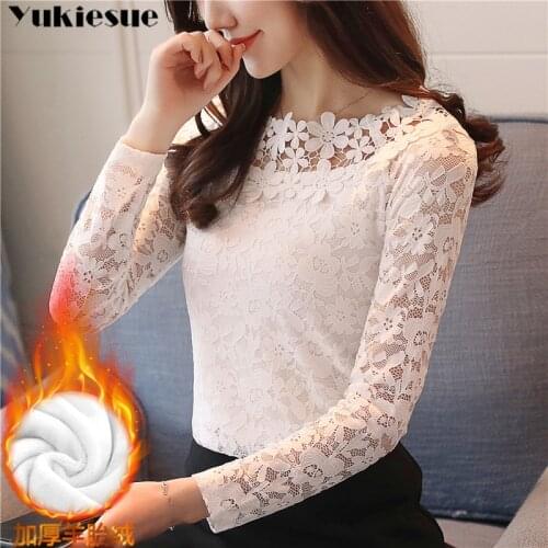 Fashion winter warm thick long sleeve Women shirts lace blouse shirt Slim Elegant Plus size sexy hollow lace shirt women tops