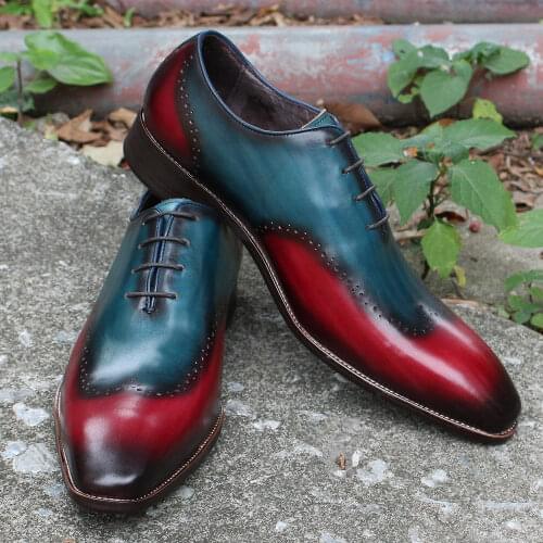 Men Wingtip Oxford Shoes Calf Genuine Leather Dress Shoes Handmade Blue Red Classic Wedding Party Formal Shoes Mens Luxury Shoes