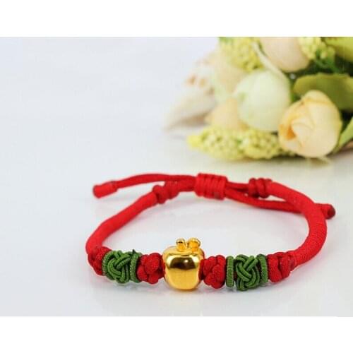 New Arrival Cute Red Colour String 999 3D 24K Yellow gold Apple Bracelet
