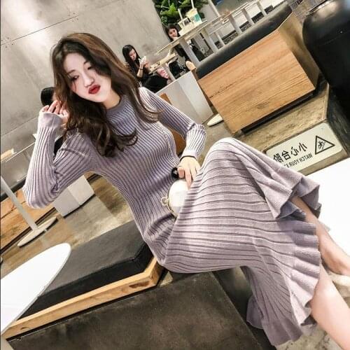 Heydress 2019 Autumn Solid O-neck Women Dress Ladies Long Sleeve Knitting Sweater Dress Female Casual Ruffles Vestidos