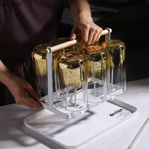 Portsble Wine Glass Storage Tray Cup Holder Set Gradient Painted Starry Sky Coffee Mugs Milk Juice Cup Transparent Whiskey Glass