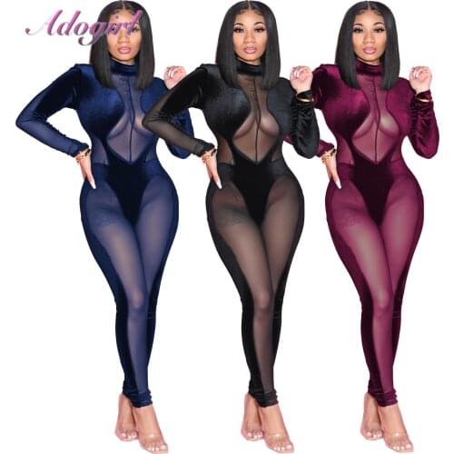 Sexy Velvet Patchwork Sheer Mesh See Through Party Clubwear Jumpsuit Women Autumn Long Sleeve Outfit One Piece Rompers Overalls