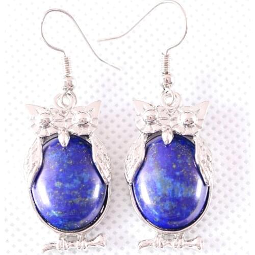 Jewelry Gift for Women Dangle Earrings Natural Stone Blue Lapis Oval CAB Cabochon 16x28MM Animal Owl Earring 1Pair U087