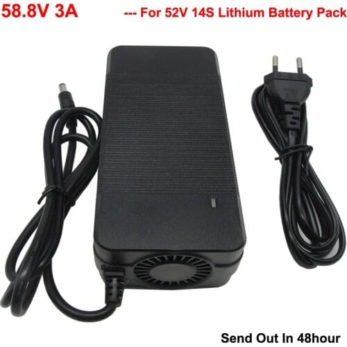 58.8V 3A Lithium Charger DC 5.5*2.1 XLRM GX16 RCA Connector Used for 51.8V 52V 14S Li-ion electric bike Scooter battery with fan