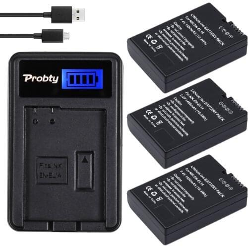 PROBTY 3Pcs EN-EL14 ENEL14 EN EL14 Batteries + LCD USB Charger For Nikon D5200 D3100 D3200 D5100 P7000 P7100 P7800 P7700