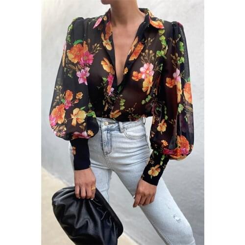 Women’s Spring Autumn Casual Lantern Sleeve Shirt Fashion Flower/Leopard Printing Lapel Loose Single-breasted Tops