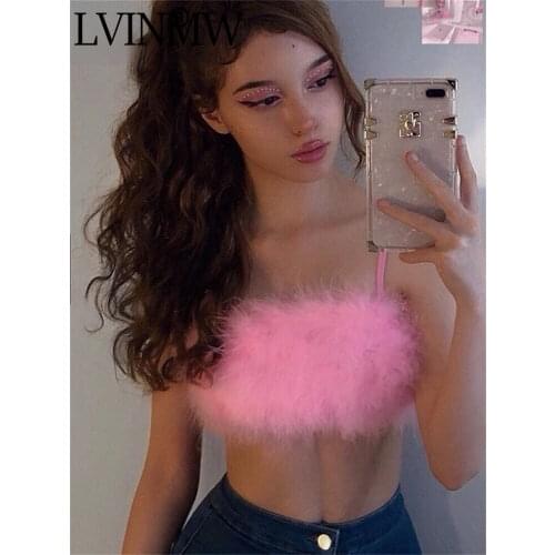 LVINMW Fashion Sexy Spaghetti Straps Pink Feather Crop Top 2019 Women Camisole Sleeveless Tops Party Club Streetwear Camis