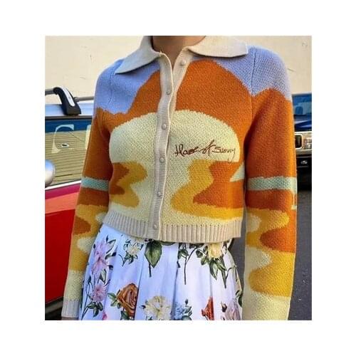 Women Sweaters Vintage French Style Sunshine Print Breasted Loose Cardigans Femme Short Knitted Sweater Chic Lady Single Autumn