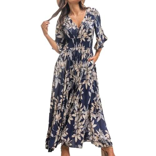 Long Dress New Elegant Sweet Fresh Women Summer Casual Office Loose Print Lace Flounced Edge Flare Sleeve Plus Hem Slim Robe