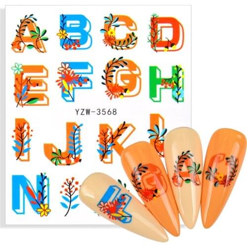 1 Sheet Image ABC letter Flower Leaves Water Nail Art Stickers Simple Sliders for Nails Summer Flowers Manicures Decorations