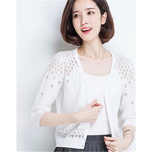 2021 Vintage Casual All-Match Sweaters ImitatioIce Silk Knitted Cardigan Womens Short Coat Summer Thin 3/4 Sleeve Shawl korean