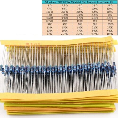 500pcs/lot 50 values 1/4W 0.25W 1% Metal Film Resistor Assortment Kit Set 1R-10mR 1ohm-10Mohm resistor samples kit