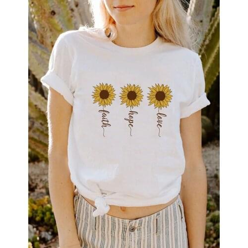 Sunflower Faith Hope Love Women T-shirt Jesus Christian Graphic T Shirts Harajuku Casual Female Vintage Tops Tee Camisetas Mujer