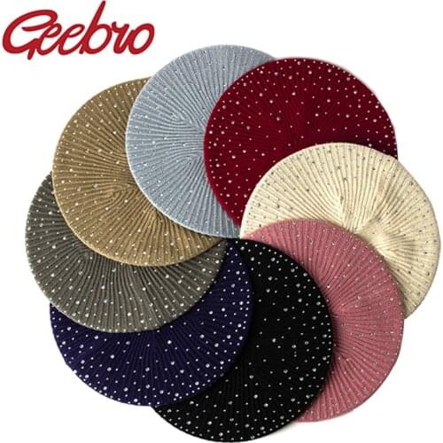Geebro Women Autumn Winter Beret Hat Female Knitted Casual berets Luxury Rhinestone Sequins Caps Fashion Solid color Gorros