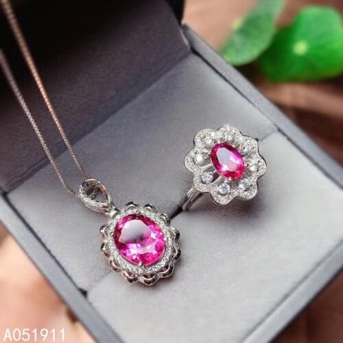KJJEAXCMY fine jewelry natural pink topaz 925 sterling silver women pendant necklace chain ring set support test luxury