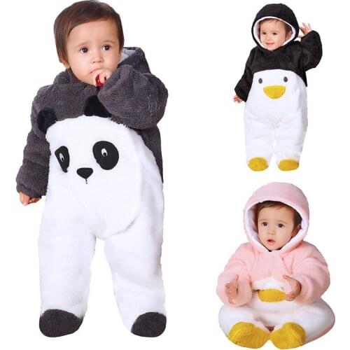 Newborn Baby Winter Overalls Cartoon Panda Girls Costume Infant Baby Coral Fleece Hoodies Jumpsuit 12 Month Clothes Girls Footie