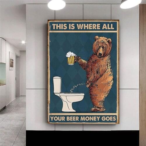 Grumpy Bear Drinking Beer To The Bathroom Canvas Poster Abstract Wall Art Print Picture For Bathroom Toilet The Wall Home Decor